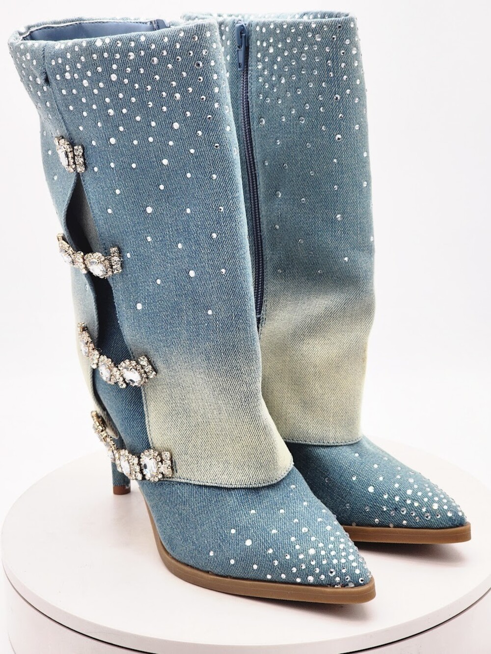 Thalia Sodi Nami Ombre Denim Rhinestone Stiletto Boots Women’s 7.5